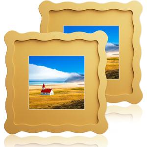 6x6 Wavy Picture Frame With Mat For 4x4, Wavy Edge Wooden Picture Frame with Real Glass - Wall Mount and Tabletop Display, Yellow, 2 Pack