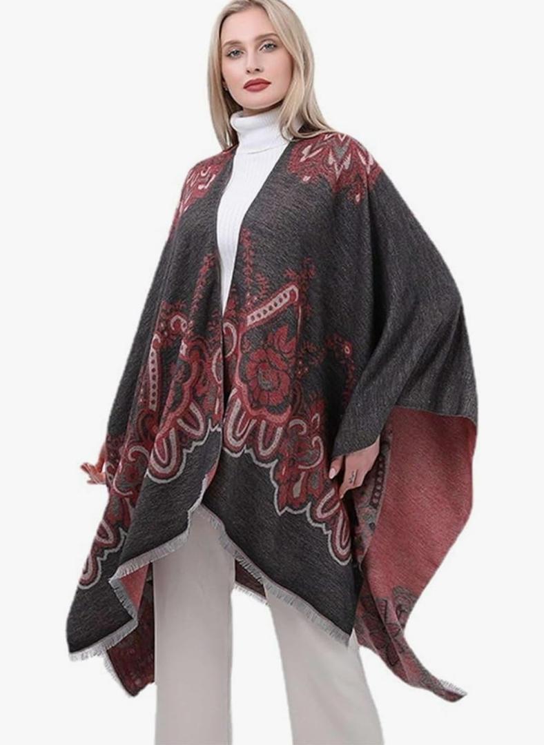 GIBZ Women Shawl Wrap Winter Soft Retro Stripe Print Poncho Cape Open Front Warm Casual Sweater Ponchos
