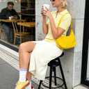 Womens Short Sleeve Sweaters V Neck Sweater Tops Cable Knit Pullover Solid Color Polo Shirt Casual Outfits (Yellow, L)
