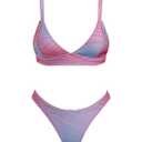 VOLAFA Women's Triangle Bikini Set Textured V Neck Plunging Push Up Cheeky Two Piece Swimsuit Bathing Suit (Medium, Pink Blue) (M)