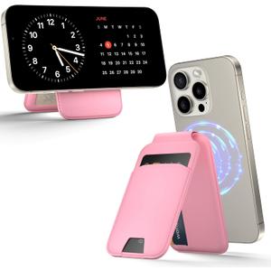 MagSafe Wallet Phone Stand, iPhone Wallet with Adjustable Stand, for iPhone 16/15/14/13/12 models, 5 card holder, iPhone Clock Stand, ID Holder, Magsafe Accessories (Pink)