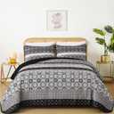 WONGS BEDDING Boho Quilt Set King, Bohemian Black Striped Patchwork Bedspread Coverlet Set with 2 Pillowcases,Lightweight Microfiber Floral Bedding Set 104"×90"
