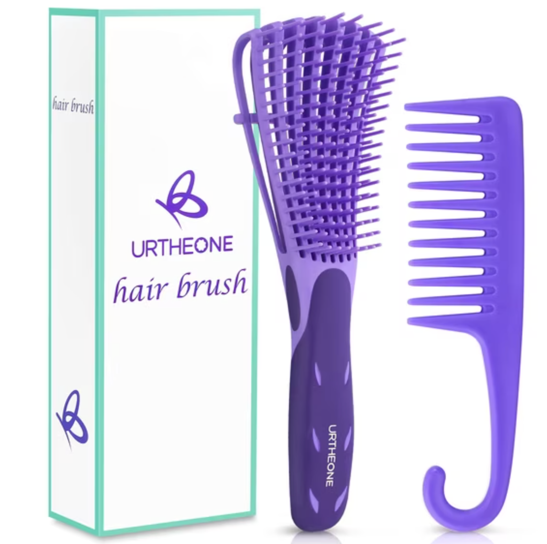Detangle Hair Brush Comb Set for Adults Kids Kinky Curly Wavy Wet Dry Hair Afro American Type 3a-4c, Comfortable Grip(Purple)