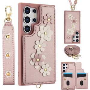 for Samsung Galaxy S25 Ultra Case with Wallet, Magnetic Snap Flip Leather Cover with Flower Design Credit Card Holder Stand WristbandSamsung S25 Ultra Protective Phone Case for Women (Pink)