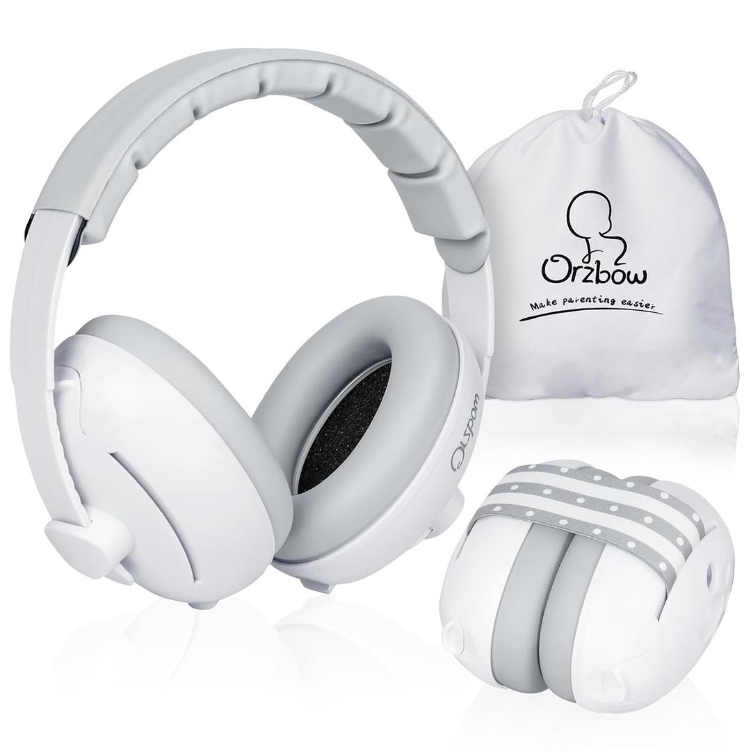 2-in-1 Baby Ear Muffs Noise Protection, Noise Cancelling Headphones for Babies up to 48 Months, Adjustable Infant Ear Protection with Non-Slip Band for Airplane Travel Sleep, White
