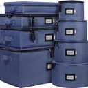 Hard Shell China Storage Containers 8-Piece Set Moving Boxes for Dinnerware, Glasses, Plates, Mugs and Saucers Sturdy Dish Organizer with Dividers for Seasonal Storage - Service for 12 - Denim Blue