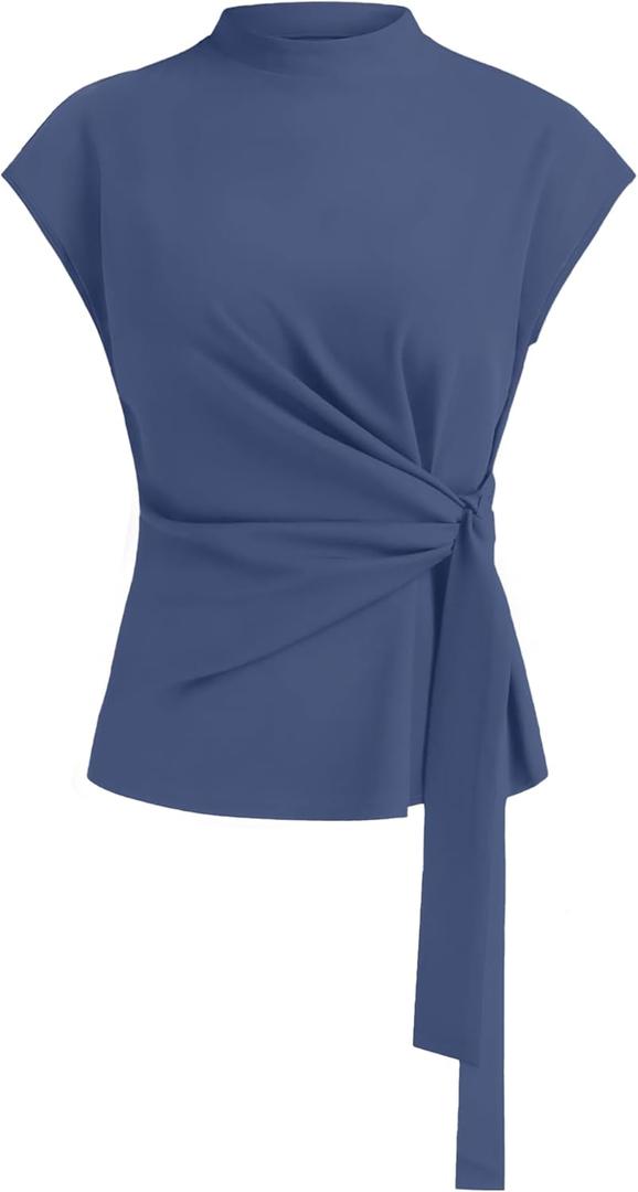 Womens Cap Sleeve Tops 2026 Summer Tie Waist Mock Neck Elegant Blouses Business Dressy Casual Shirts Work Outfits S