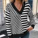 Women's Sweater Pullover Tops Knit V Neck Striped Checkered Winter Spring Long Sleeve Casual Fashion 2026 Lightweight Clothes Black M (M)