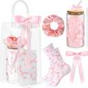 5 Pcs Coquette Pink Bow Gift Set with 16 oz Glass Cup, Ruffle Socks, Satin Hair Scrunchie, Hair Bow Clip, Clear Bag Gift Coquette Stuff for Women Girlfriend Birthday