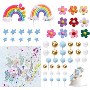 58Pcs Pastel Rainbow Cake Topper Colorful Balloons Stars Butterfly Daisy Flower Cake Decorations for Wedding Birthday Party Supplies
