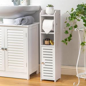 AOJEZOR Toilet Paper Holder Stand: No Drill PVC Small Bathroom Cabinet for Apartment Dwellers - Rental Deposit Protection - Small Space Storage Saving