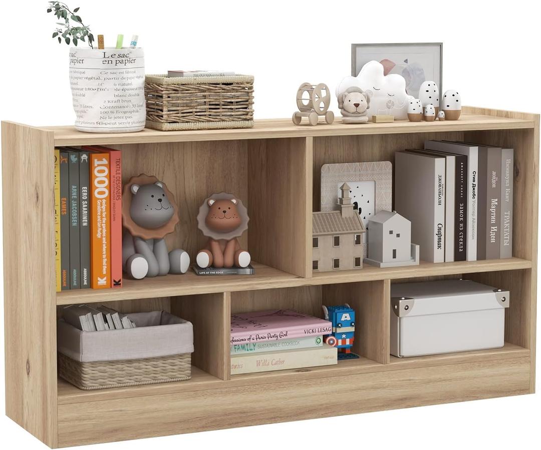 MEDIMALL 5 Cube Kids Toy Storage Organizer, 2-Tier Wooden Storage Cabinet Rack for Books Toys, Open Bookshelf Display Cabinet for Kids Room Playroom School Classroom (Natural)