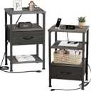 Fixwal Nightstands Set of 2 with Charging Station, Night Stand with Charging Ports 3-Tier Storage, Bedside Nightstand with Adjustable Fabric Drawer for Bedroom, Sofa, Modern Farmhouse Walnut Gray
