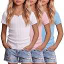 3 Pack Girls Ribbed Shirts Scoop Neck, White/Pink/Blue, Size 9-10Y
