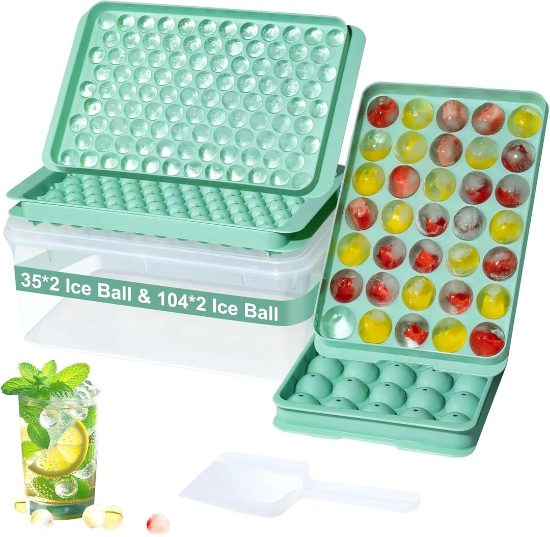 4 Pack Round Ice Cube Tray Set with Lid and Bin, 2 x 35-Ball and 2 x 104-Ball BPA-Free Small Ice Trays for Freezer, Stackable Easy-Release Mini Ice Ball Molds for Cocktails, Whiskey, Coffee