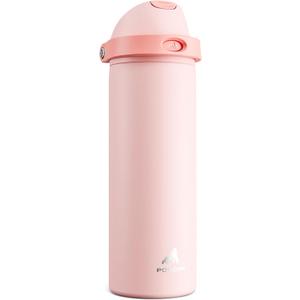 POWCAN 24 oz Insulated Water Bottle for Sports: 2-in-1 Lid with Push-Button Spout & Quick-Flip Straw, Leakproof, Car Cupholder Friendly, Stainless Steel for Gym, School, Travel (Cotton Candy)