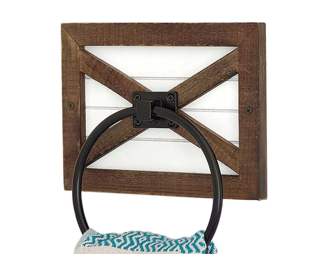 Autumn Alley Farmhouse Decor Hand Towel Ring for Bathroom - Coastal Towel Holder/Rack, Wall Mounted, Mix of Wood, Unique Shiplap & Black Ring