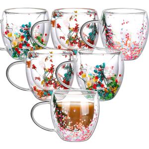 6 Pcs Flower Double Wall Coffee Mugs 8.5 oz Clear Decorative Coffee Glass Cup Insulated Heat Resistant Mug with Handle for Hot Cold Espresso Beverages Juice Birthday Mother's Day Gifts (Delicate)