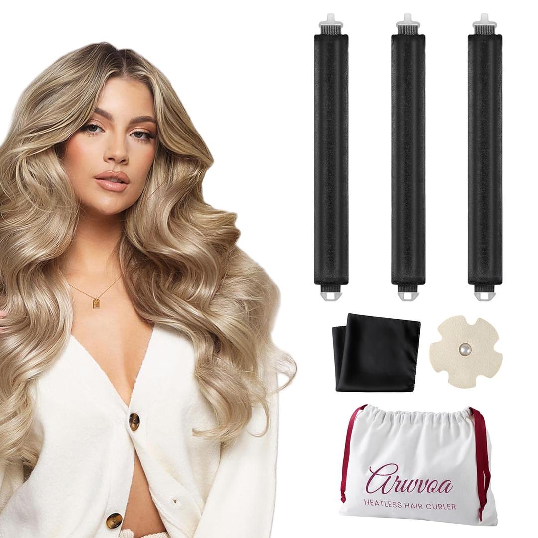 Heatless Curls Overnight Heatless Hair Curler Heatless Blowout with Luxury White Bag Silk Scarf, Curling Rod to Sleep in No Heat Curling Headband, (Black 3PC)