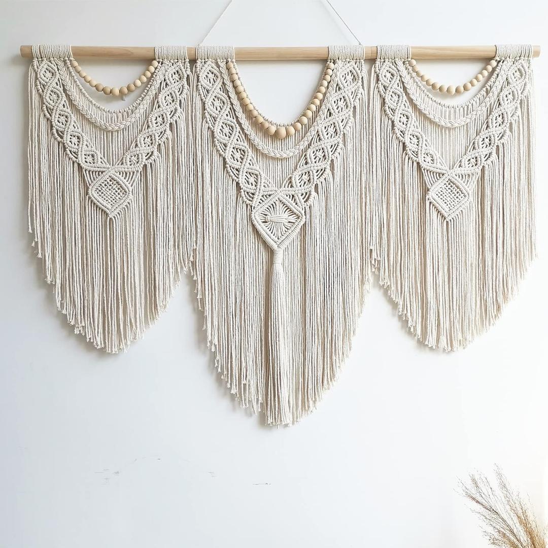 Guzhiou Large Macrame Wall Hanging - Boho Tapestry Macrame Wall Decor Art- Chic Bohemian Handmade Woven Tapestry Home Decoration for Bedroom Living Room Apartment Wedding Party - 43"x32" (Wood bead)
