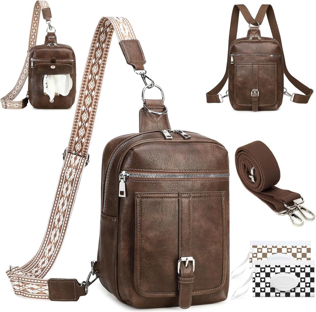 Sling Bag Crossbody Backpack - 2 in 1 Leather Cross Body Bag Fanny Pack with 2 Removable Straps (Coffee)