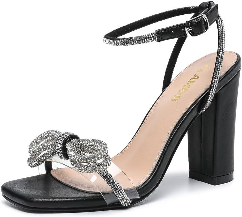 Amoji Women's 4 Inch Rhinestone Bowknots Block Heeled Crystal Sandal Ankle Strap Clear Heels 315 (10, 4inch-pu-black)
