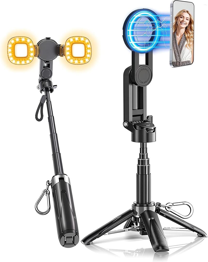Magnetic Selfie Stick Tripod for iPhone with Light, 4 in 1 Portable Pocket Size Phone Tripod Stand for Magsafe with Remote,Removable Phone Clip for iPhone/Android for Vlogging,Photograph,Video