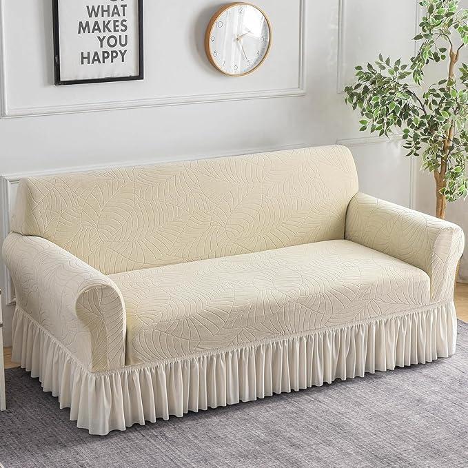 Water Repellent Stretch Sofa Slipcover Tropical Leaves Ruffled Couch Sofa Cover with Elastic Bottom for Kids,Pet(Yellow,Large(75"-91"))