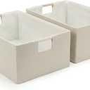 Foldable Fabric Storage Baskets Set of 2 for Shelves, Linen Decorative Storage Bins with Wooden Handles, Small Organizer Cubes for Closet, Rectangle Canvas Boxes for Organizing, Decor (Beige 2 Pack)