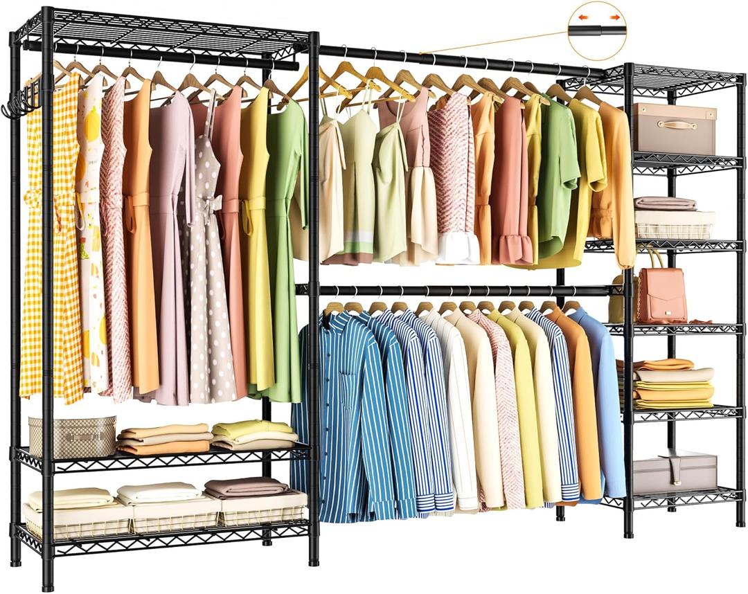Expandable Heavy Duty Garment Rack Clothes Rack, Large Metal Closet Organizer System Storage Wardrobe, Freestanding Clothing Rack with 9 Adjustable Wire Shelves Hang Rods, Max Load 1500lbs