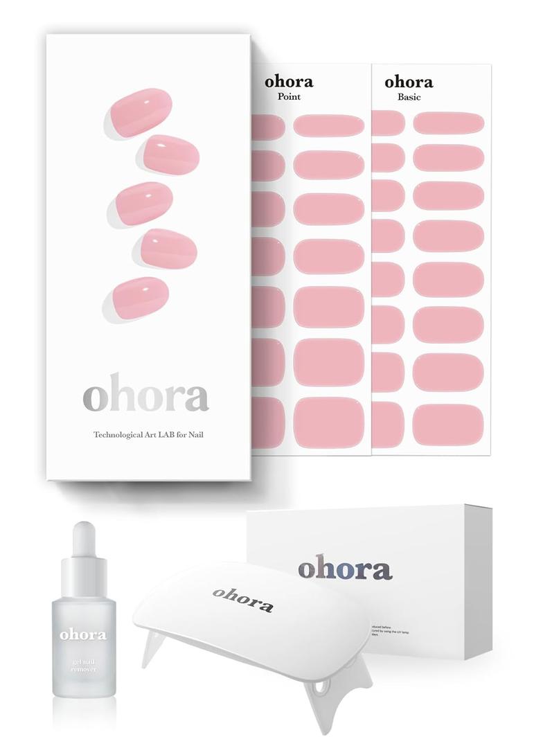 ohora Semi-Cured Gel Nail Strips Value Set (N Cream Pink Starter Kit) Includes Full Size Lamp and Mini Remover, Salon-Quality, Long Lasting, Easy to Apply & Remove