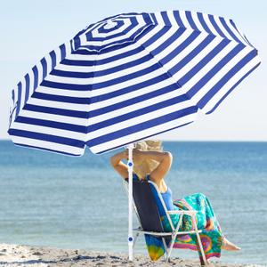 JEAREY 7.5FT Beach Umbrella UV 50+ Outdoor Portable Sunshade Umbrella with Sand Anchor, Push Button Tilt & Carry Bag for Beach Patio Pool Garden, Navy-White Stripe