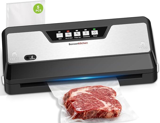 Bonsenkitchen Vacuum Sealer Machine, Built-in Cutter | Multifunctional Food Sealer for Sous Vide & Meal Prep, 5 Pre-Cut Bags, Black