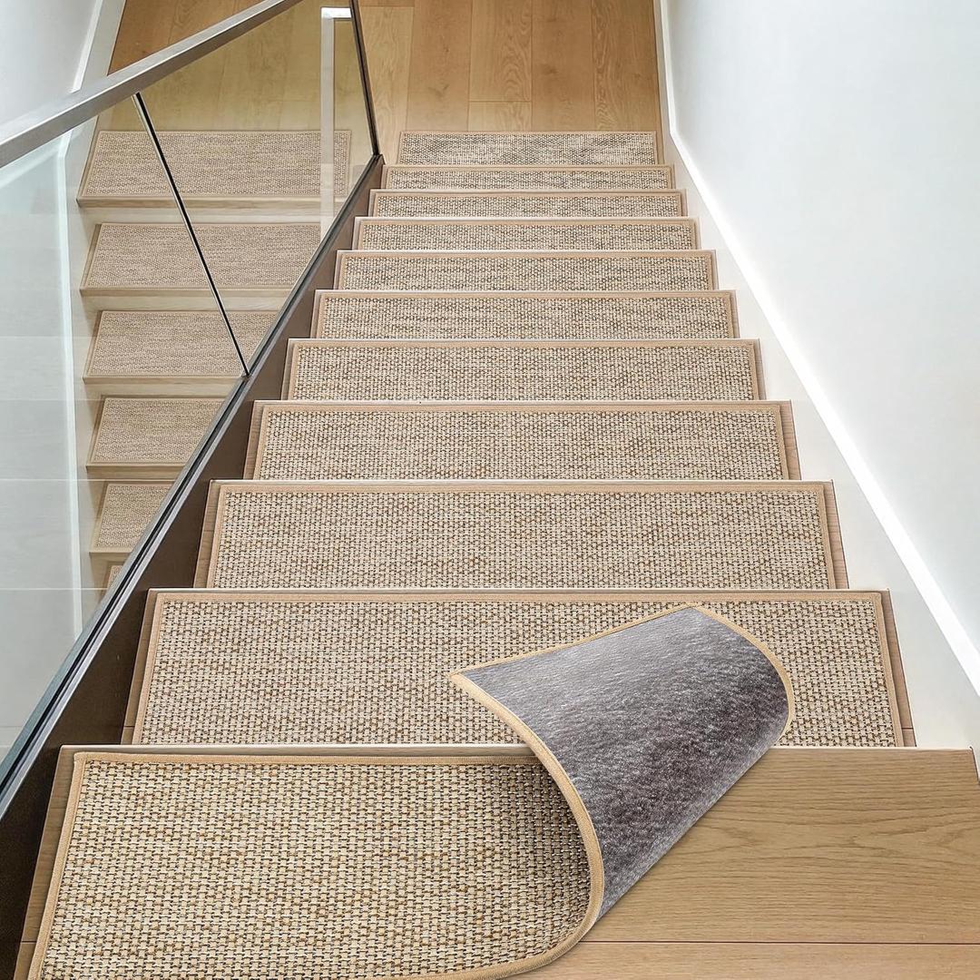 WICHEMI Stair Treads for Wooden Steps Indoor, 9"x30" Peel and Stick Stair Treads Non Slip 15 Pack Carpet Stair Treads with Reusable Adhesive for Dogs Kids Elder, Beige