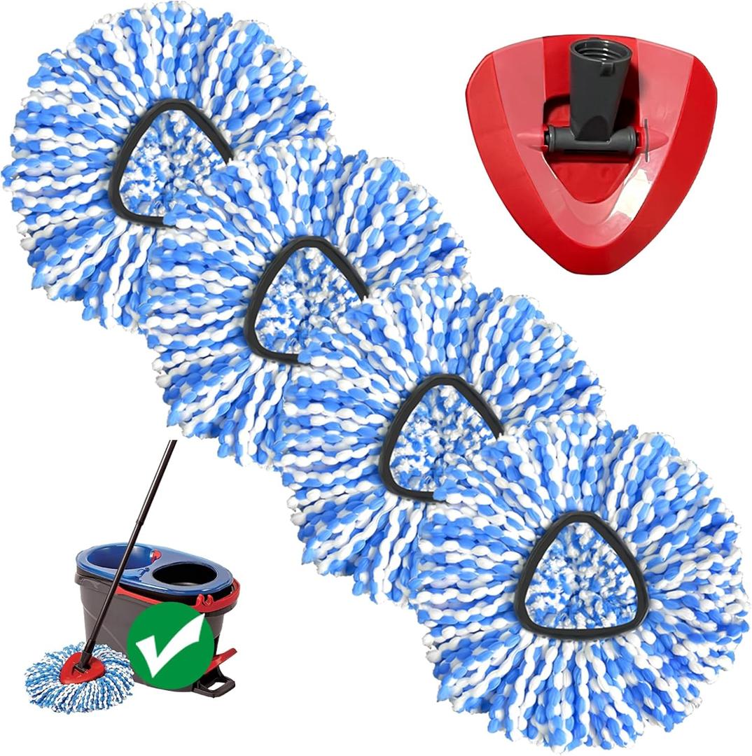Mop Head Replacement, Spin Mop Replacement Head, Include 4pcs Mop Replace Heads, 1 Extra Mop Base Replacement, Washable, Flexible & Reusable