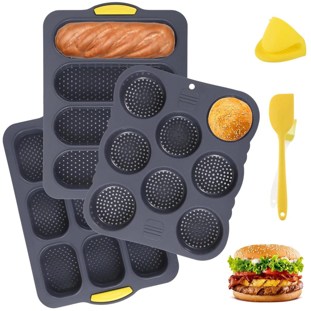 Set of 6 Hamburger Bun Pans for Baking, 4/8/9-Cup Hamburger Bun Mold, Silicone French Bread Baking Pan with Brush, Spatula, and Grab Glove, Nonstick Perforated Baking Pans, Dishwasher Microwave Safe