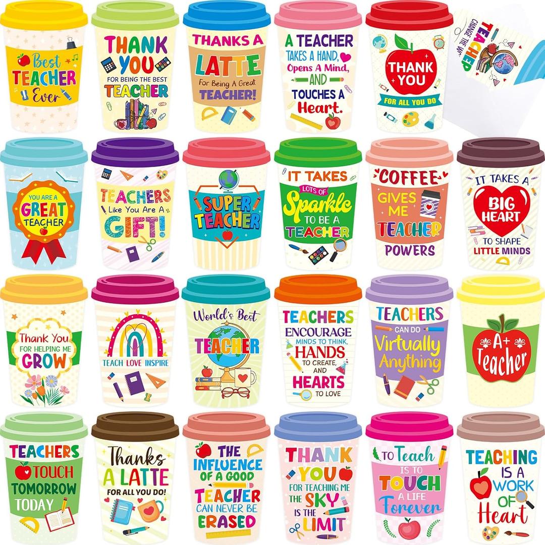 2 x Treasure Cove Teacher Appreciation Card Coffee Cup Thank You Cards for Teacher with Envelopes for Teacher's Day Graduation End of School Year Party Supplies 24Pcs