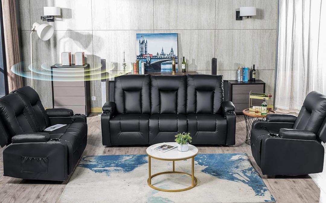 COMHOMA Living Room Furniture Set,Bonded Leather Sofa with Massage,Cup Holder Recliner Chair,3+2+1,Black