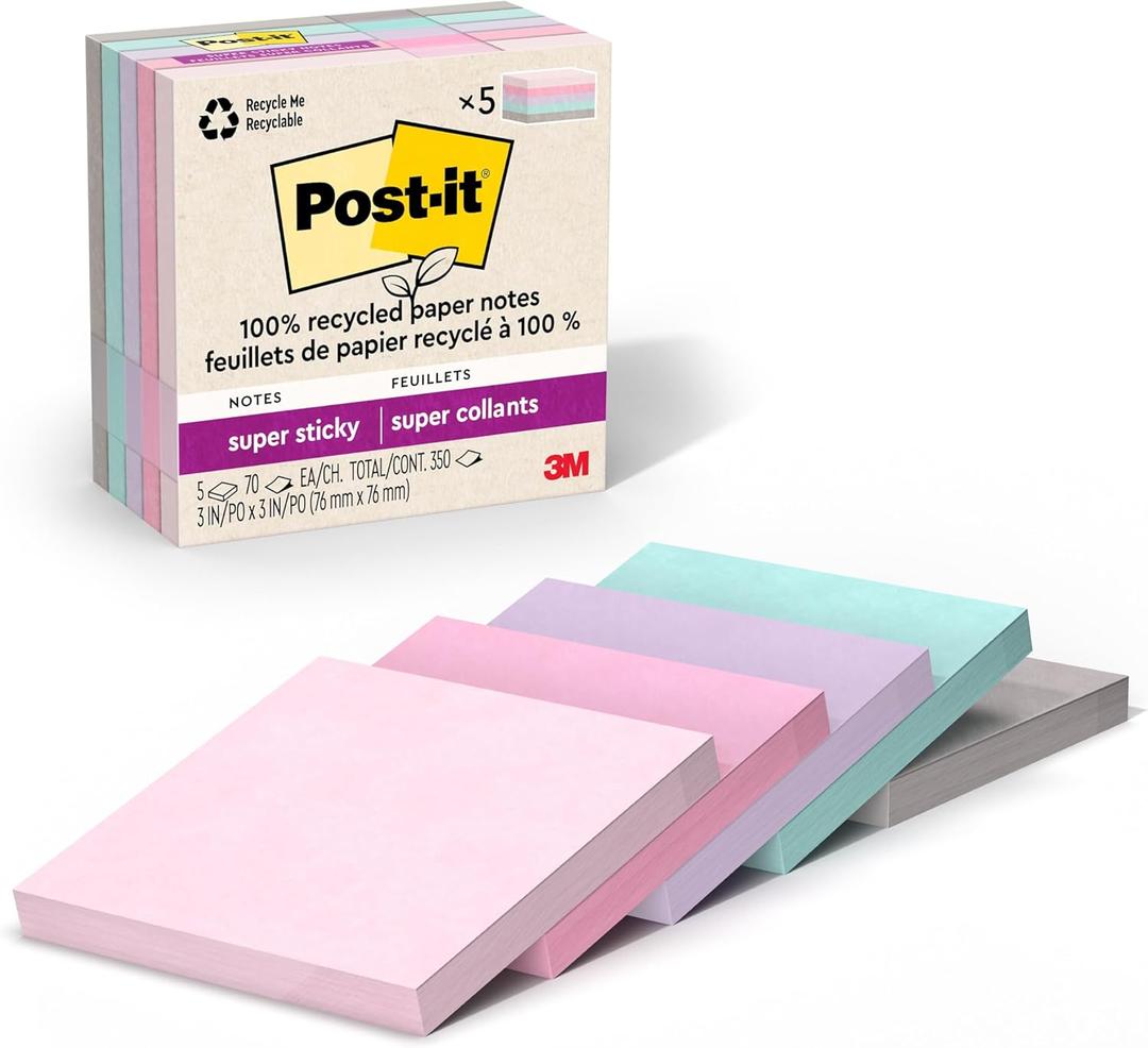 Post-it 100% Recycled Paper Super Sticky Notes, 2X The Sticking Power, 3x3 in, 5 Pads, 70 Sheets/Pad, Wanderlust Pastels Collection (654R-5SSNRP) (Orchid Frost, Fresh Mint, Washed Denim, Pebble Gray, Pink Salt)