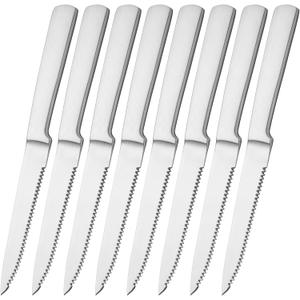 Serrated Steak Knives Set of 8, 4.72 Inches High Carbon Stainless Steel Steak Knives, Matte Silver Brushed Surface, One Piece Design, Durable Home Modern Elegant Sharp Kitchen Knife Set