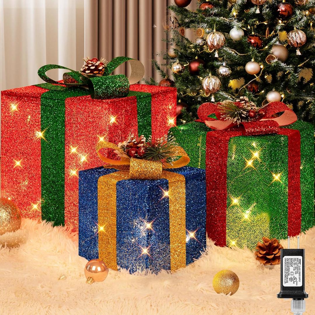 Brightever Set of 3 Christmas Lighted Gift Boxes for Christmas Porch Decor - 10" 8" 6", Plug-in Xmas Present Box in 3 Colors with 70 LED Mini String Lights, Vintage Ornaments Set for Tree Fireplace