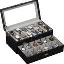 AUTOARK Leather & Velvet 24 Watch Box Glass Top Jewelry Display Drawer Lockable Case Organizer,Removable Grey Watch Pillows,Black,MKAW037