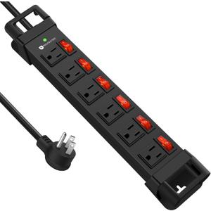 Heavy Duty Power Strip,6 Outlet Wall Mount with Individual Switch & Cord Management,Mountable Surge Protector 1200J,6FT Extension Cord(Black,6 FT)