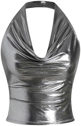 SOLY HUX Women's Halter Crop Tops Y2k Metallic Cowl Neck Open Back Concert Going Out Top Streetwear Size Large