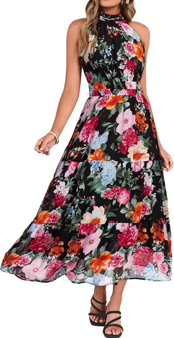 Simplee Womens Summer Halter Wedding Guest Dress Maxi Floral Vacation Boho Sundresses Flowy Formal Long Travel Dresses 2026 (Black, L)