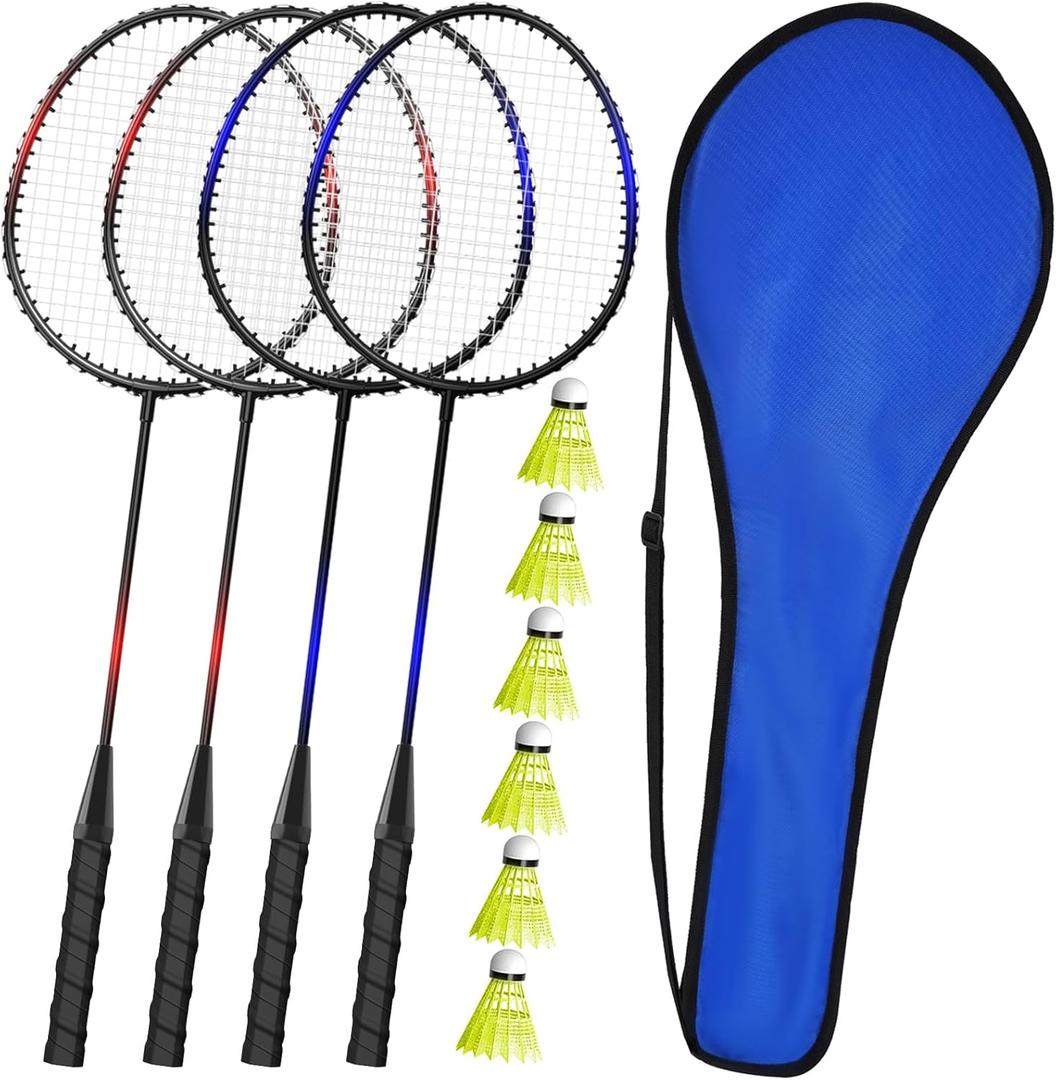 KH Badminton Rackets Set of 2 4 6 for Adults Kids, Beach Lawn Backyard Game Outdoor Sports, Racquets, Shuttlecocks & Carry Bag Included (Black, Red, Blue(4 Player))