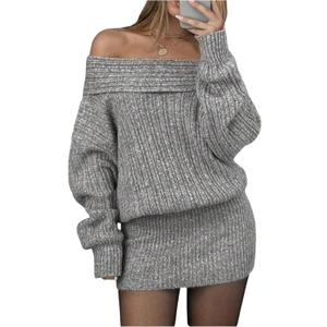 Milumia Women's Off The Shoulder Mini Sweater Dress Foldover Long Sleeve Y2k Knit Dresses (Gray, L)