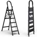Lightweight Aluminum 6 Step Ladder Folding Step Stool Stepladders with Anti-Slip and Wide Pedal for Home and Kitchen Use Space Saving (Black)