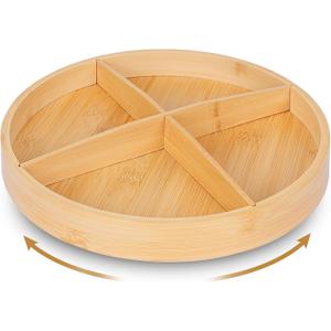 12'' Bamboo Wood Lazy Susan Organizer, Turntable Organizer for Spices, Cabinet, Pantry, Kitchen, Bathroom, Natural Bamboo Color, Smooth Rotating Tray with Removable Dividers and Anti-Fallen Edge