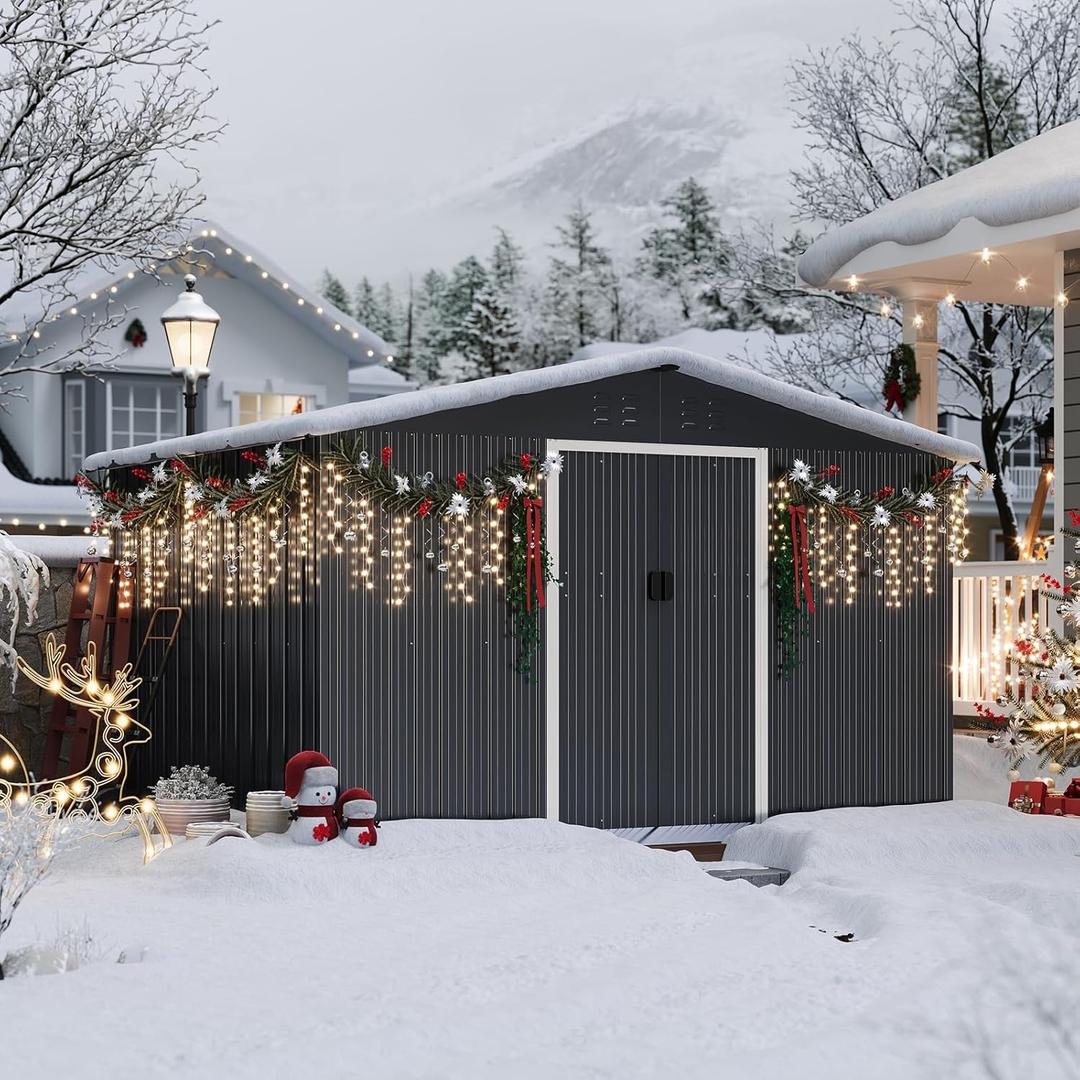 Garvee 8x10 ft Metal Storage Shed, Galvanized Steel Weatherproof Outdoor Sheds with Pitched Roof, Lockable Doors & Gable Vents for Garden, Backyard, Patio, Lawn, Dark Grey (Gray)